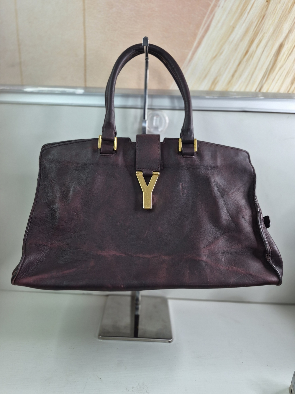 Saint Laurent Y-Logo Leather Top-Handle Bag in Deep Burgundy